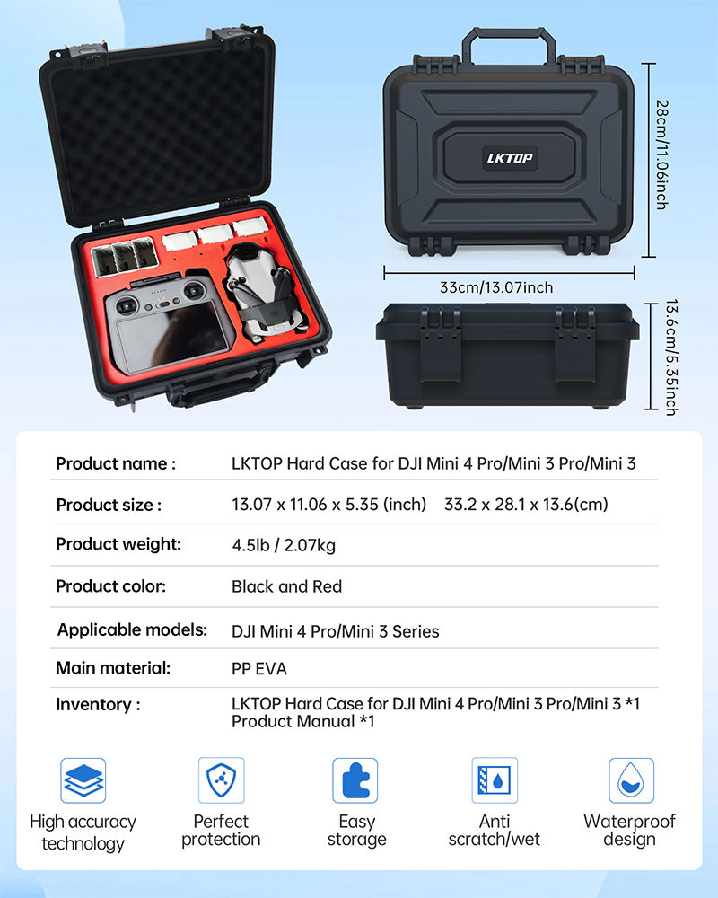 LKTOP Mini 4/3 Series Hard Case for DJI Mini 4 Pro/Mini 3 Pro/Mini 3 Drone Fly More Combo, Waterproof Carrying Case Storage Bag for DJI RC 2/RC/N1/N2 Remote Controller Accessories (13×11×5 In)