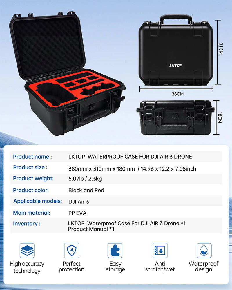 LKTOP Air 3 Hard Case for DJI Air 3 Drone, Waterproof Carrying Case for DJI Air 3 Fly More Combo, DJI RC N1/RC N2/RC 2 Remote Controller, Air 3 Battery, Air 3 Charging Hub Accessories (15×12×7 In)