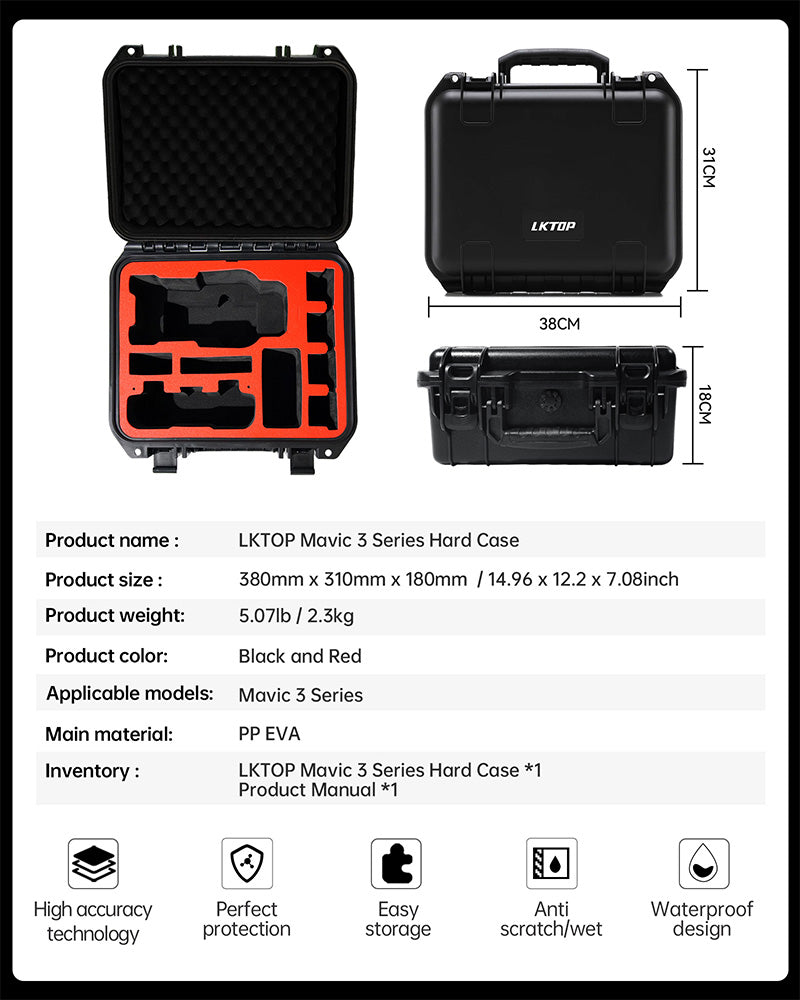 LKTOP Mavic 3 Series Hard Case for DJI Mavic 3/Mavic 3 Classic/Mavic 3 Pro/Mavic 3 Cine/Mavic 3 Pro Cine Drone, Waterproof Carrying Case for DJI Mavic 3 Fly More Combo Accessories (15×12×7 In)