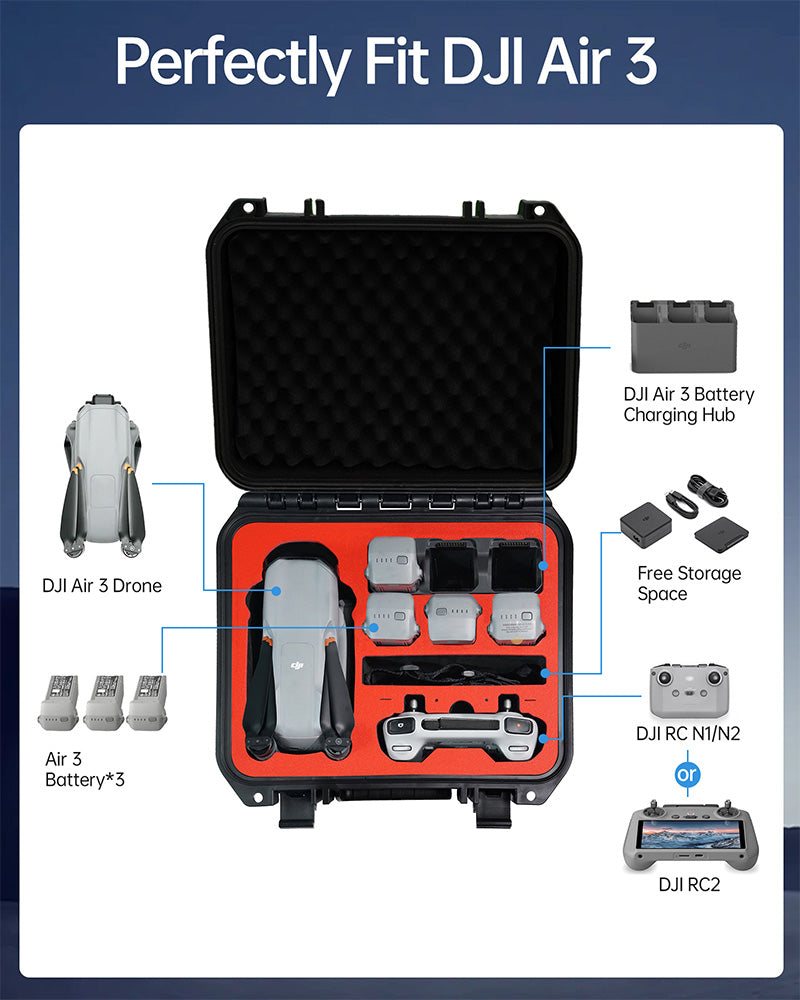 LKTOP Air 3 Hard Case for DJI Air 3 Drone, Waterproof Carrying Case for DJI Air 3 Fly More Combo, DJI RC N1/RC N2/RC 2 Remote Controller, Air 3 Battery, Air 3 Charging Hub Accessories (15×12×7 In)